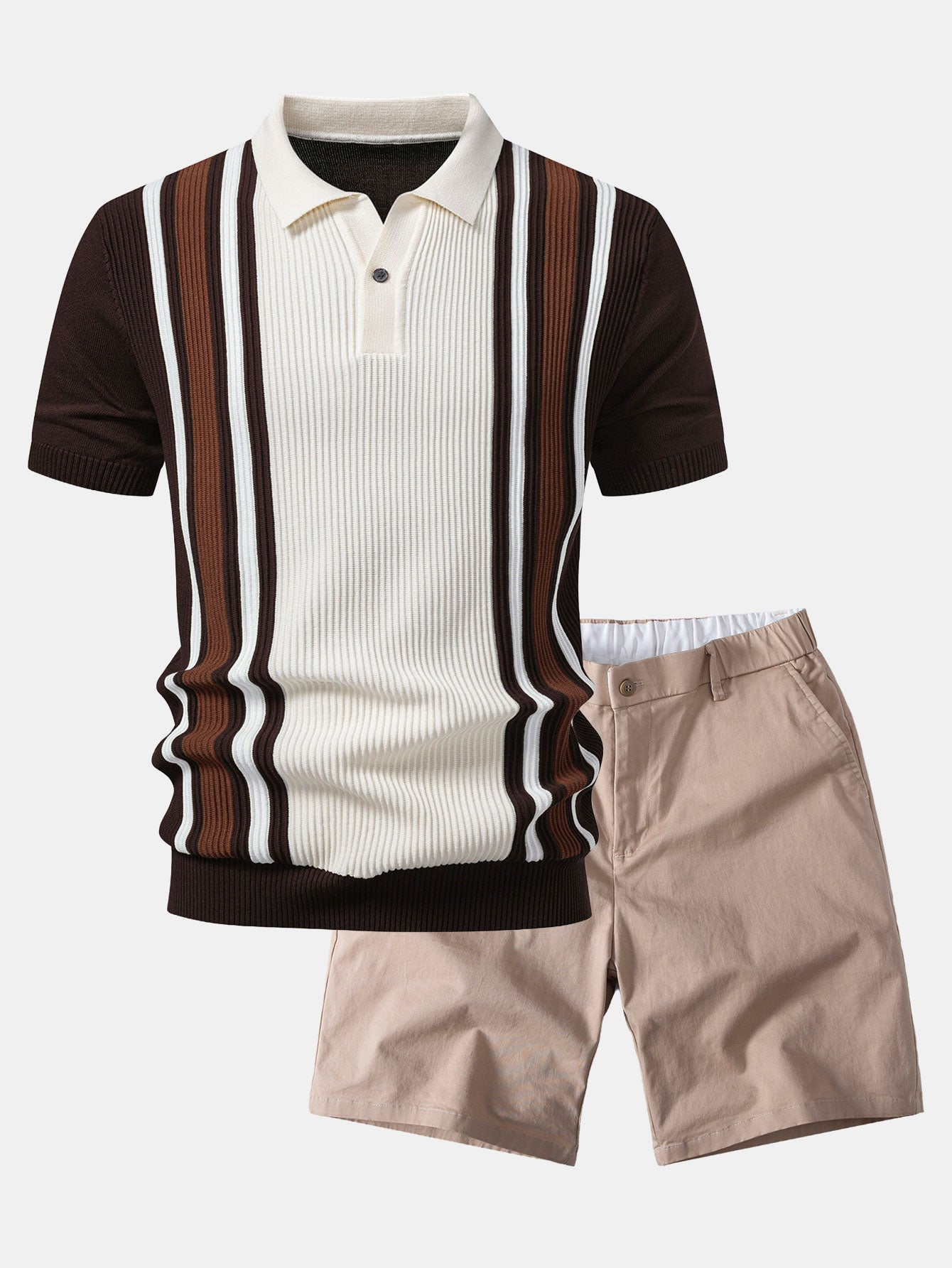 Contrast Striped Ribbed Knit Polo & Elastic Waist Chino Shorts