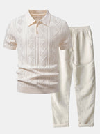Geometric Jacquard Open Knit Polo & Straight Leg Linen Pants