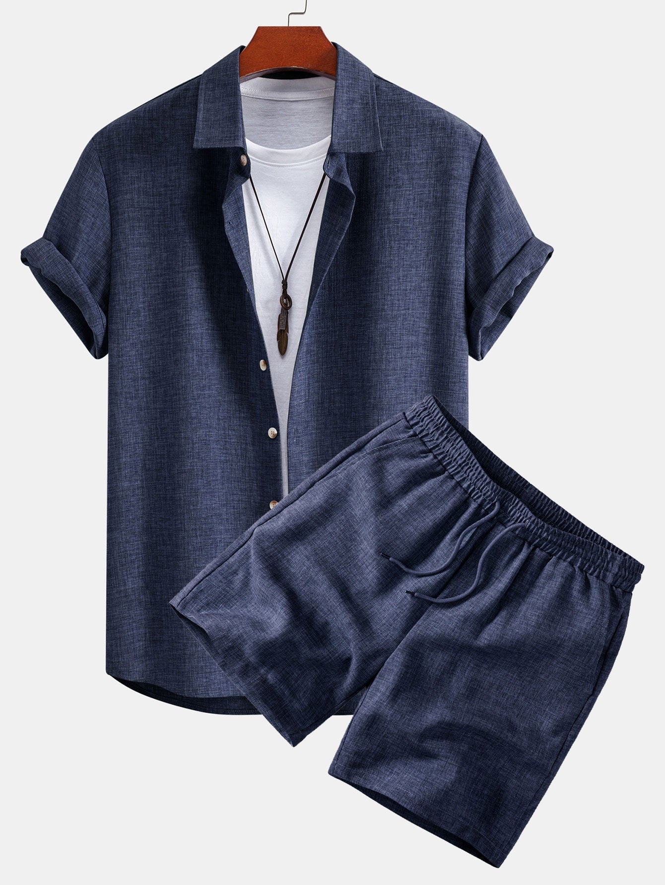 Linen Look Button Up Shirt & Drawstring 7" Shorts