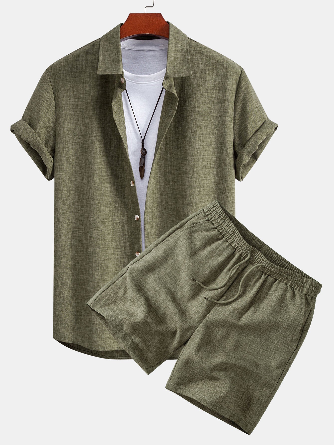 Linen Look Button Up Shirt & Drawstring 7" Shorts