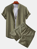Linen Look Stand Collar Shirt & Drawstring 7" Shorts