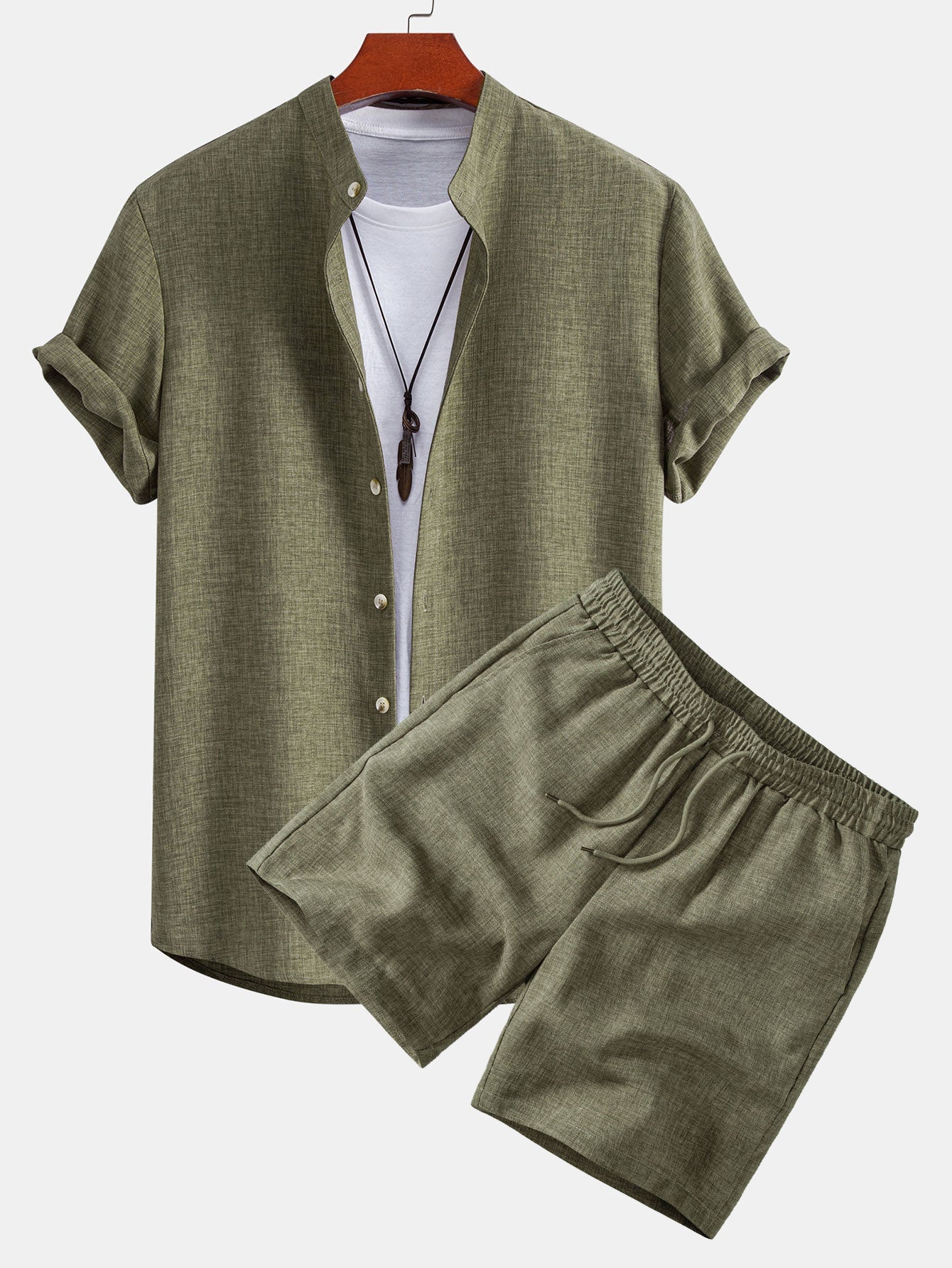 Linen Look Stand Collar Shirt & Drawstring 7" Shorts