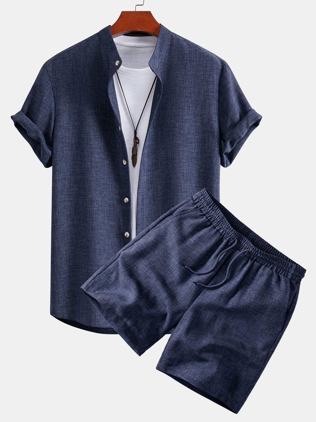 Linen Look Stand Collar Shirt & Drawstring 7" Shorts