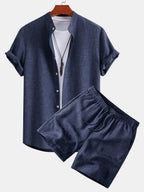 Linen Look Stand Collar Shirt & Drawstring 7" Shorts