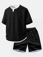 Relax Fit 2 In 1 Notched Collar Waffle T-Shirt & Waffle 7″‌ Shorts