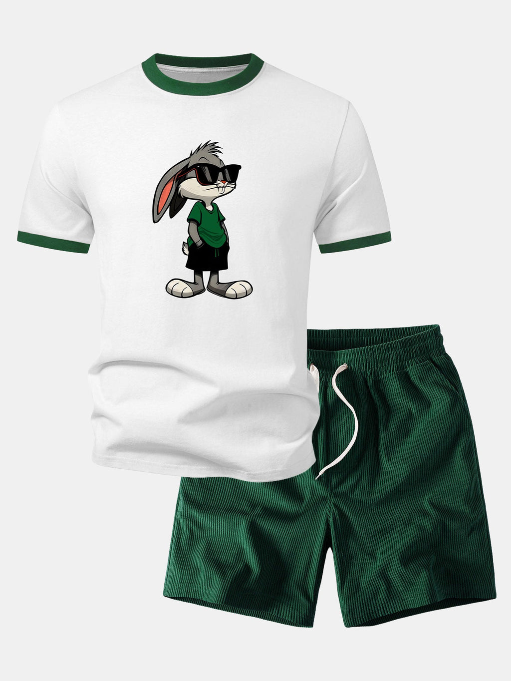 Sunglasses Bunny Print Contrast Ringer T-Shirt & Corduroy 7" Shorts