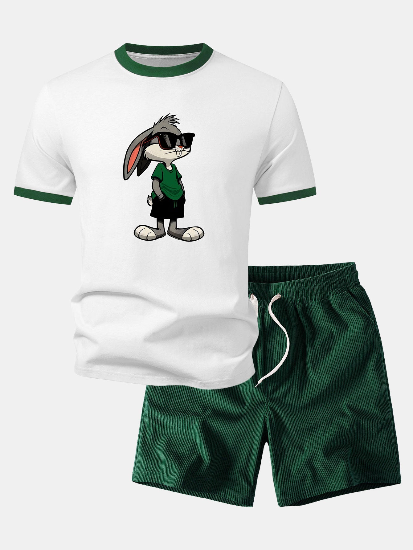 Sunglasses Bunny Print Contrast Ringer T-Shirt & Corduroy 7" Shorts