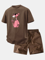 Relax Fit Pink Panther Print Crew Collar T-Shirt  & Drawstring Jersey 7" Shorts
