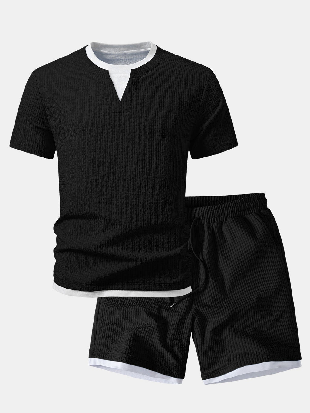 2 In 1 Ribbed Notched Collar T-Shirt & Ribbed 7" Shorts
