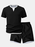 2 In 1 Ribbed Notched Collar T-Shirt & Ribbed 7" Shorts