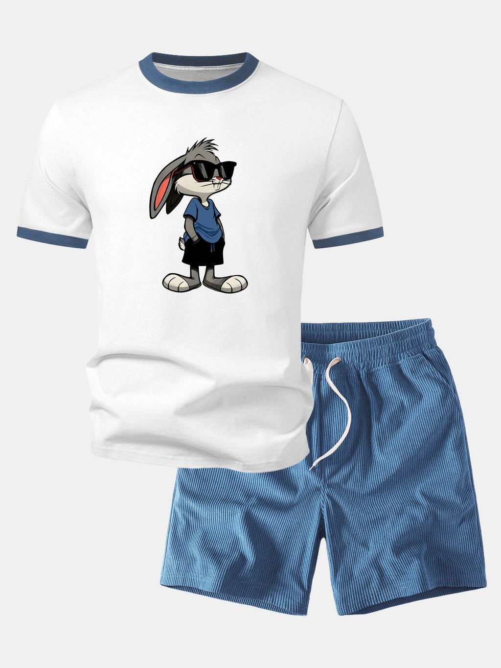 Sunglasses Bunny Print Contrast Ringer T-Shirt & Corduroy 7" Shorts