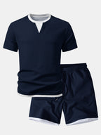 2 In 1 Ribbed Notched Collar T-Shirt & Ribbed 7" Shorts