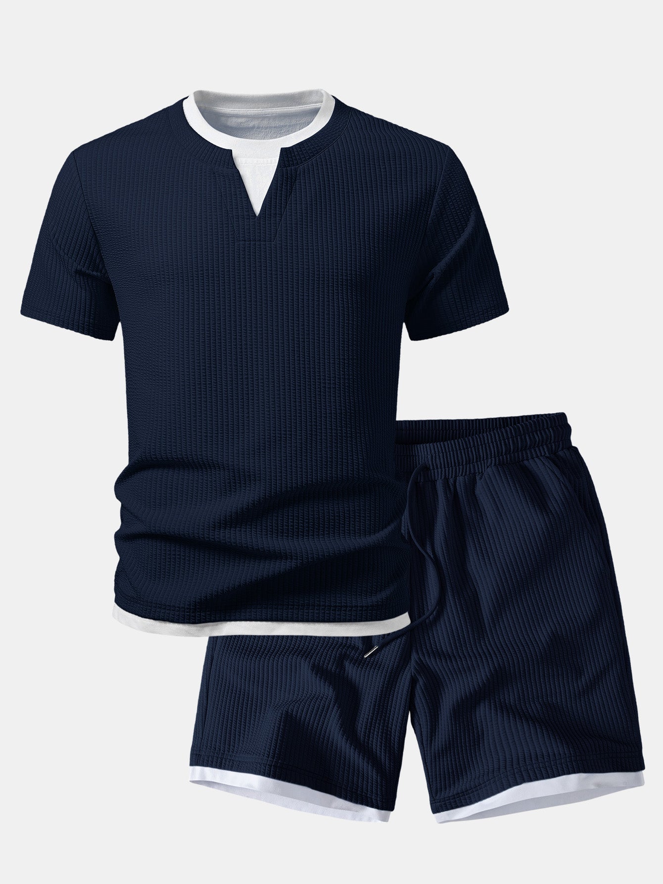 2 In 1 Ribbed Notched Collar T-Shirt & Ribbed 7" Shorts
