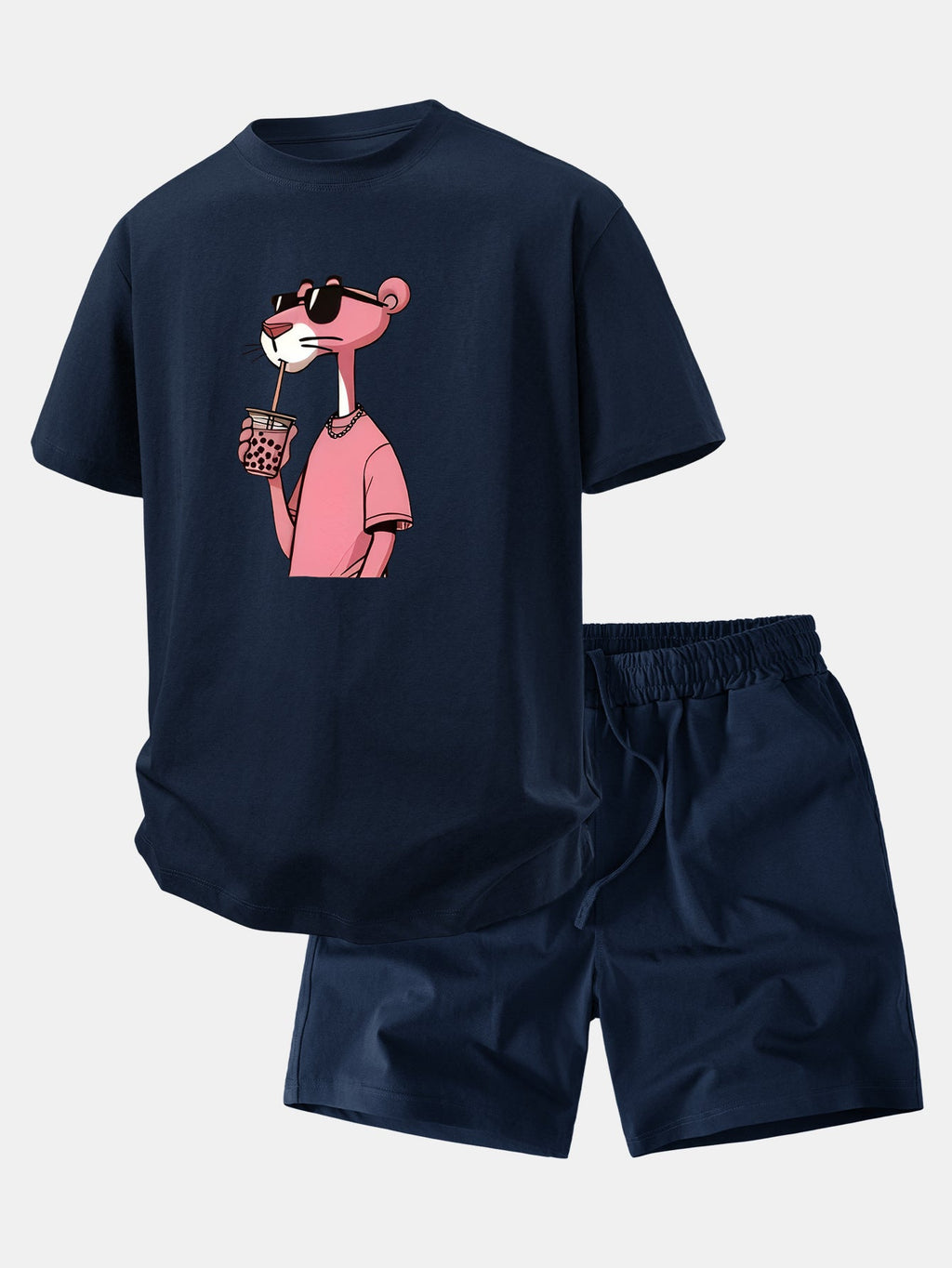 Relax Fit Pink Panther Print Crew Collar T-Shirt  & Drawstring Jersey 7" Shorts