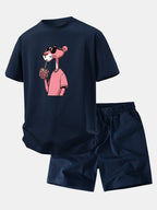 Relax Fit Pink Panther Print Crew Collar T-Shirt  & Drawstring Jersey 7" Shorts