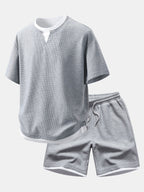 Relax Fit 2 In 1 Notched Collar Waffle T-Shirt & Waffle 7″‌ Shorts