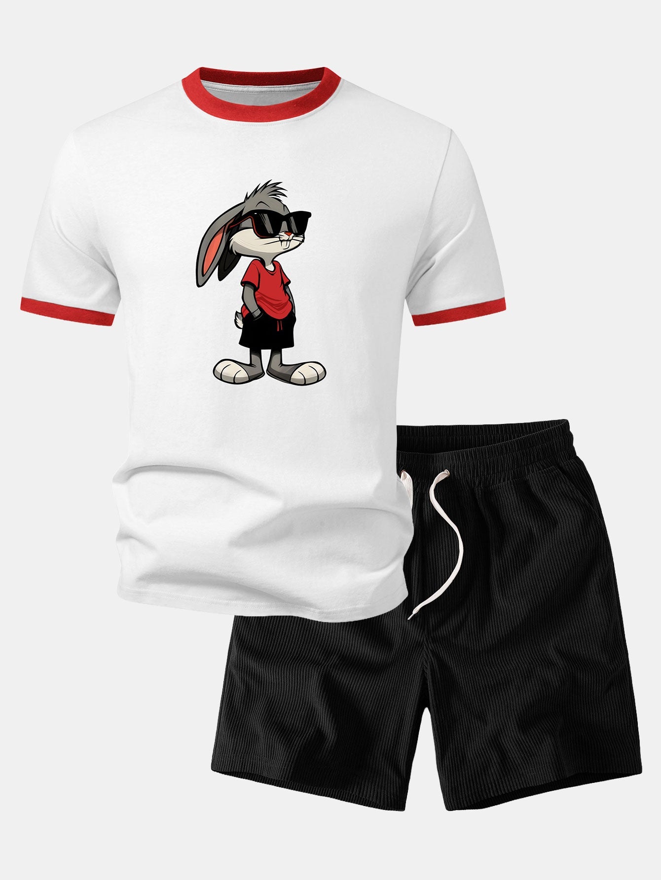 Sunglasses Bunny Print Contrast Ringer T-Shirt & Corduroy 7" Shorts
