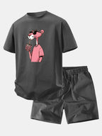 Relax Fit Pink Panther Print Crew Collar T-Shirt  & Drawstring Jersey 7" Shorts