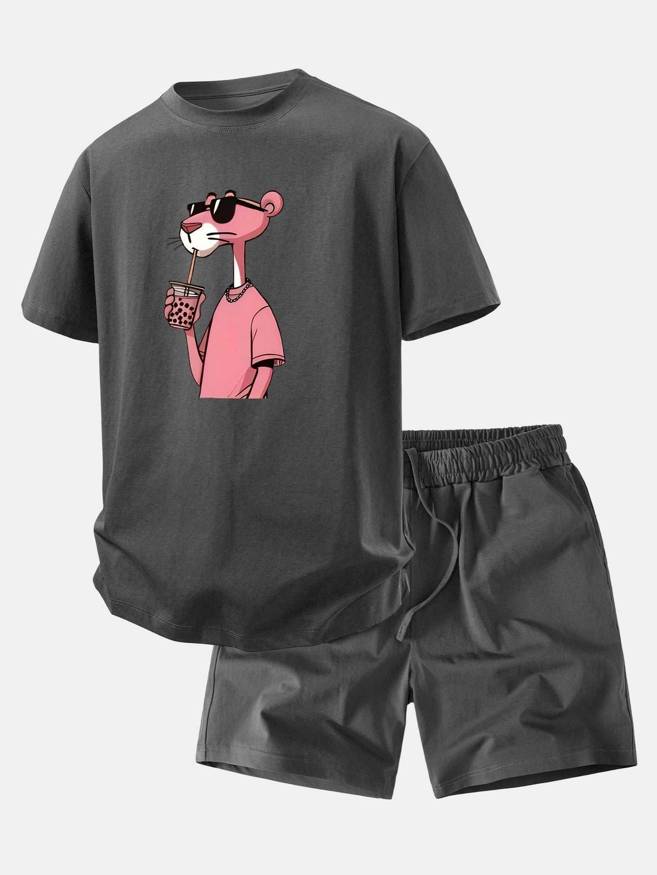 Relax Fit Pink Panther Print Crew Collar T-Shirt  & Drawstring Jersey 7" Shorts