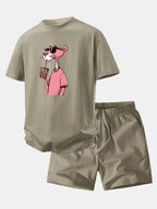 Relax Fit Pink Panther Print Crew Collar T-Shirt  & Drawstring Jersey 7" Shorts