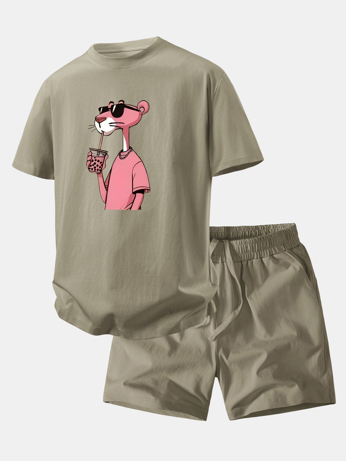 Relax Fit Pink Panther Print Crew Collar T-Shirt  & Drawstring Jersey 7" Shorts