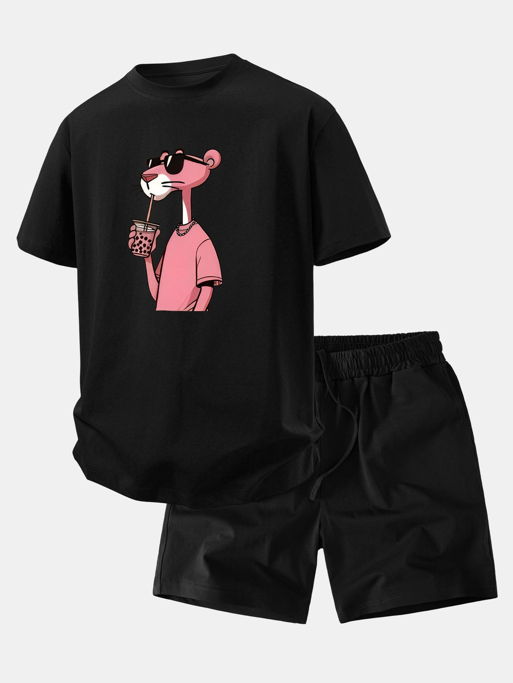 Relax Fit Pink Panther Print Crew Collar T-Shirt  & Drawstring Jersey 7" Shorts