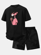 Relax Fit Pink Panther Print Crew Collar T-Shirt  & Drawstring Jersey 7" Shorts
