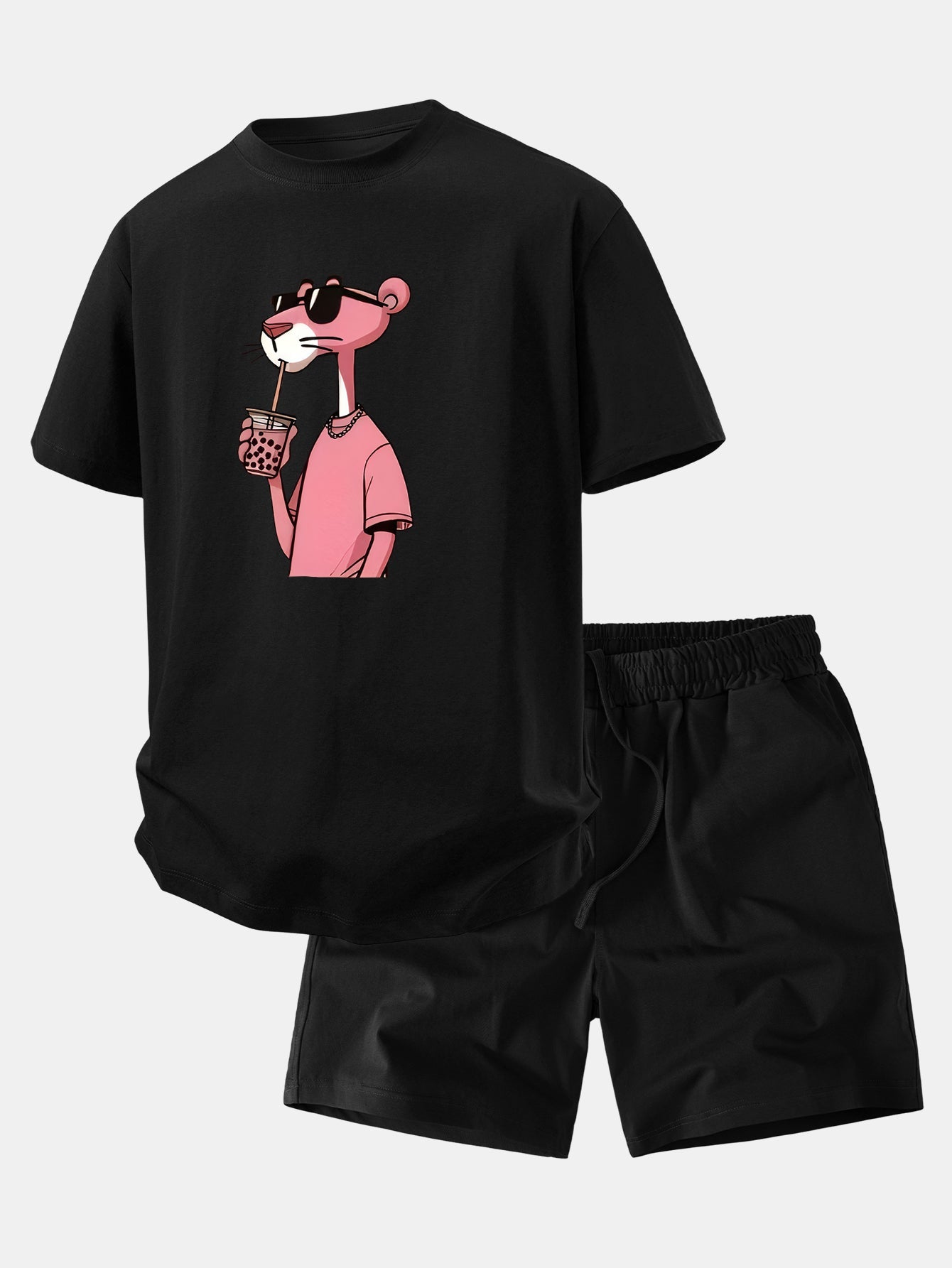 Relax Fit Pink Panther Print Crew Collar T-Shirt  & Drawstring Jersey 7" Shorts
