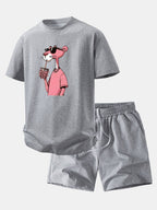 Relax Fit Pink Panther Print Crew Collar T-Shirt  & Drawstring Jersey 7" Shorts
