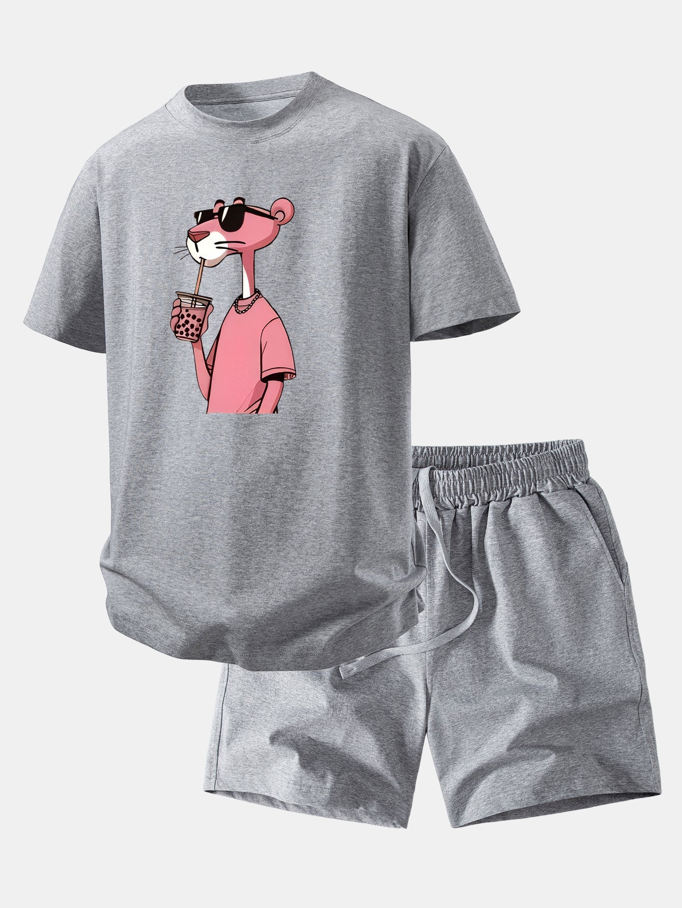 Relax Fit Pink Panther Print Crew Collar T-Shirt  & Drawstring Jersey 7" Shorts
