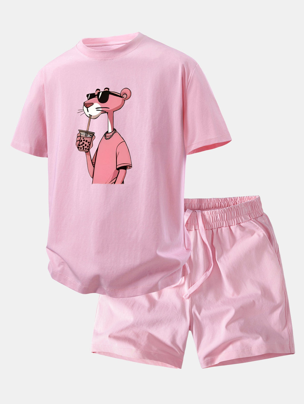 Relax Fit Pink Panther Print Crew Collar T-Shirt  & Drawstring Jersey 7" Shorts