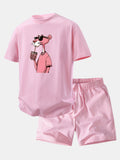 Relax Fit Pink Panther Print Crew Collar T-Shirt  & Drawstring Jersey 7" Shorts