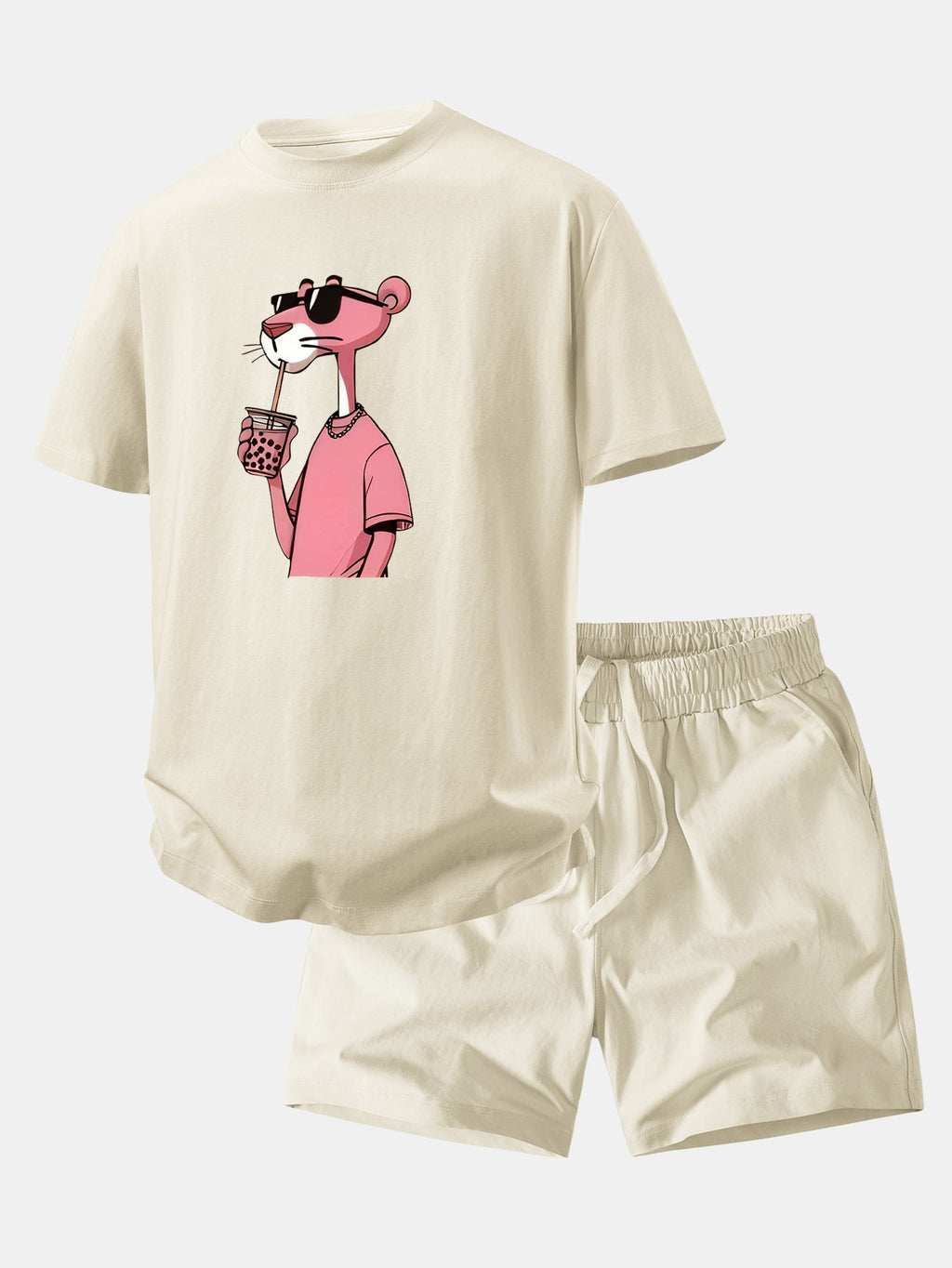 Relax Fit Pink Panther Print Crew Collar T-Shirt  & Drawstring Jersey 7" Shorts
