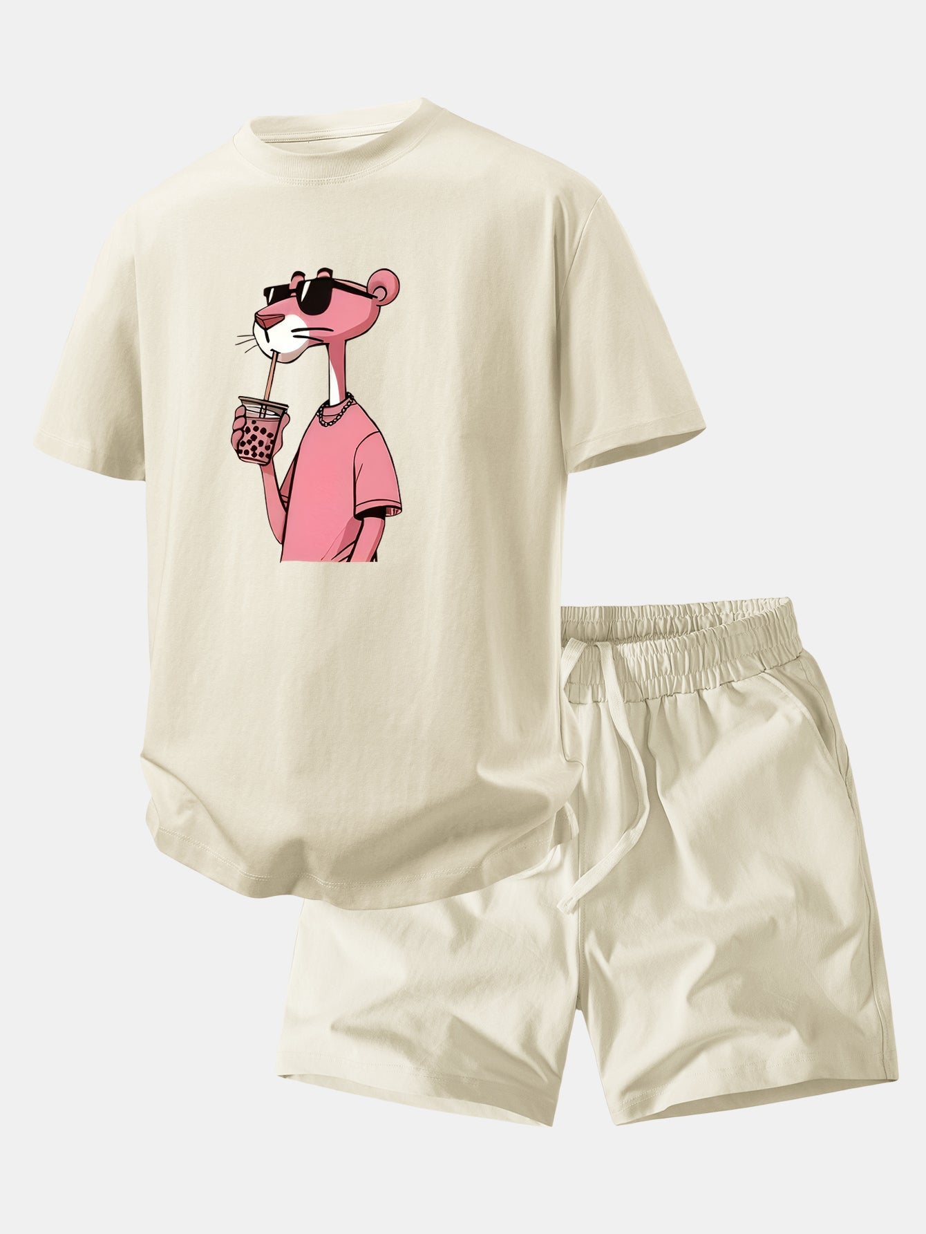 Relax Fit Pink Panther Print Crew Collar T-Shirt  & Drawstring Jersey 7" Shorts