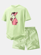 Relax Fit Pink Panther Print Crew Collar T-Shirt  & Drawstring Jersey 7" Shorts
