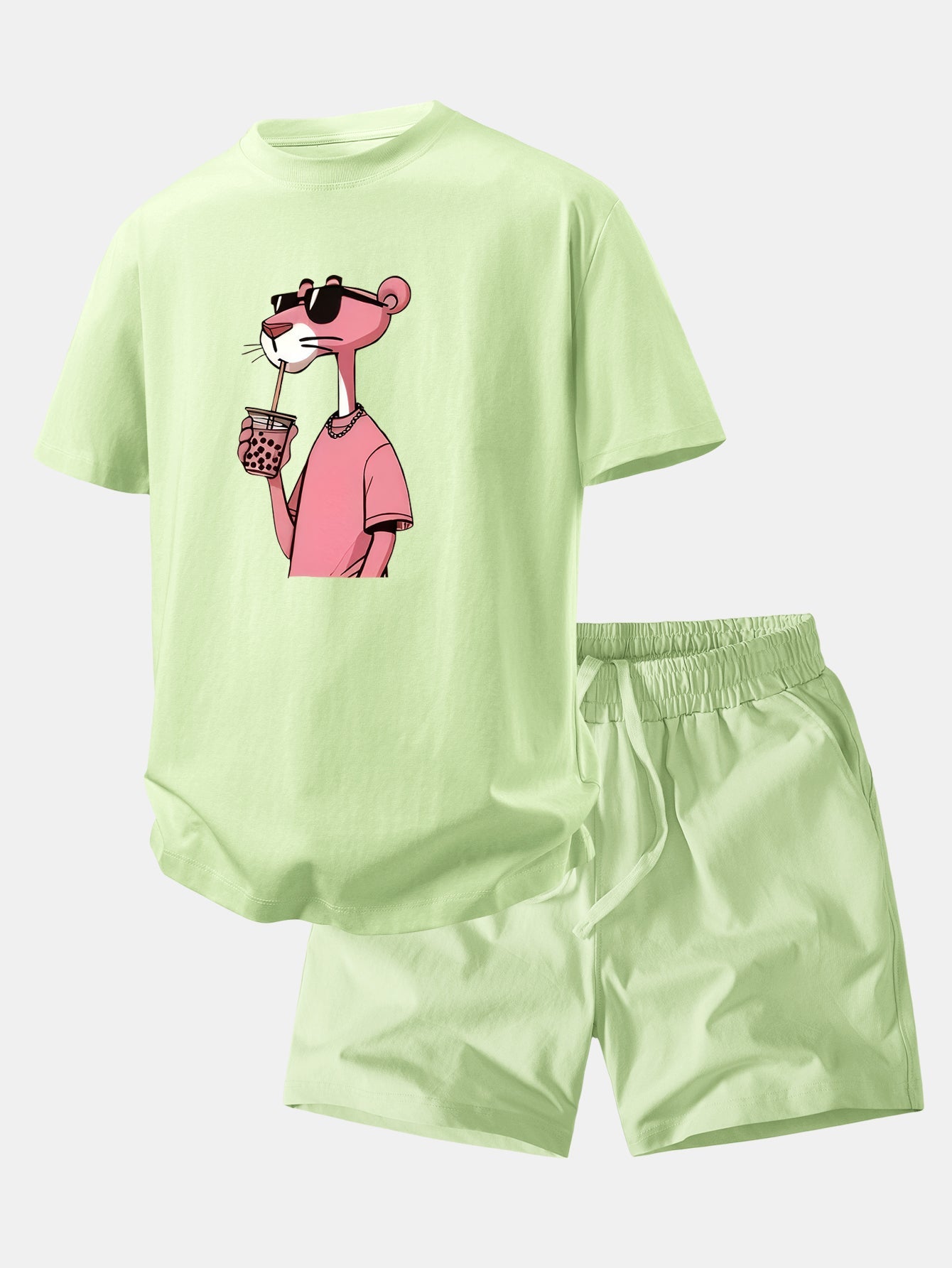Relax Fit Pink Panther Print Crew Collar T-Shirt  & Drawstring Jersey 7" Shorts