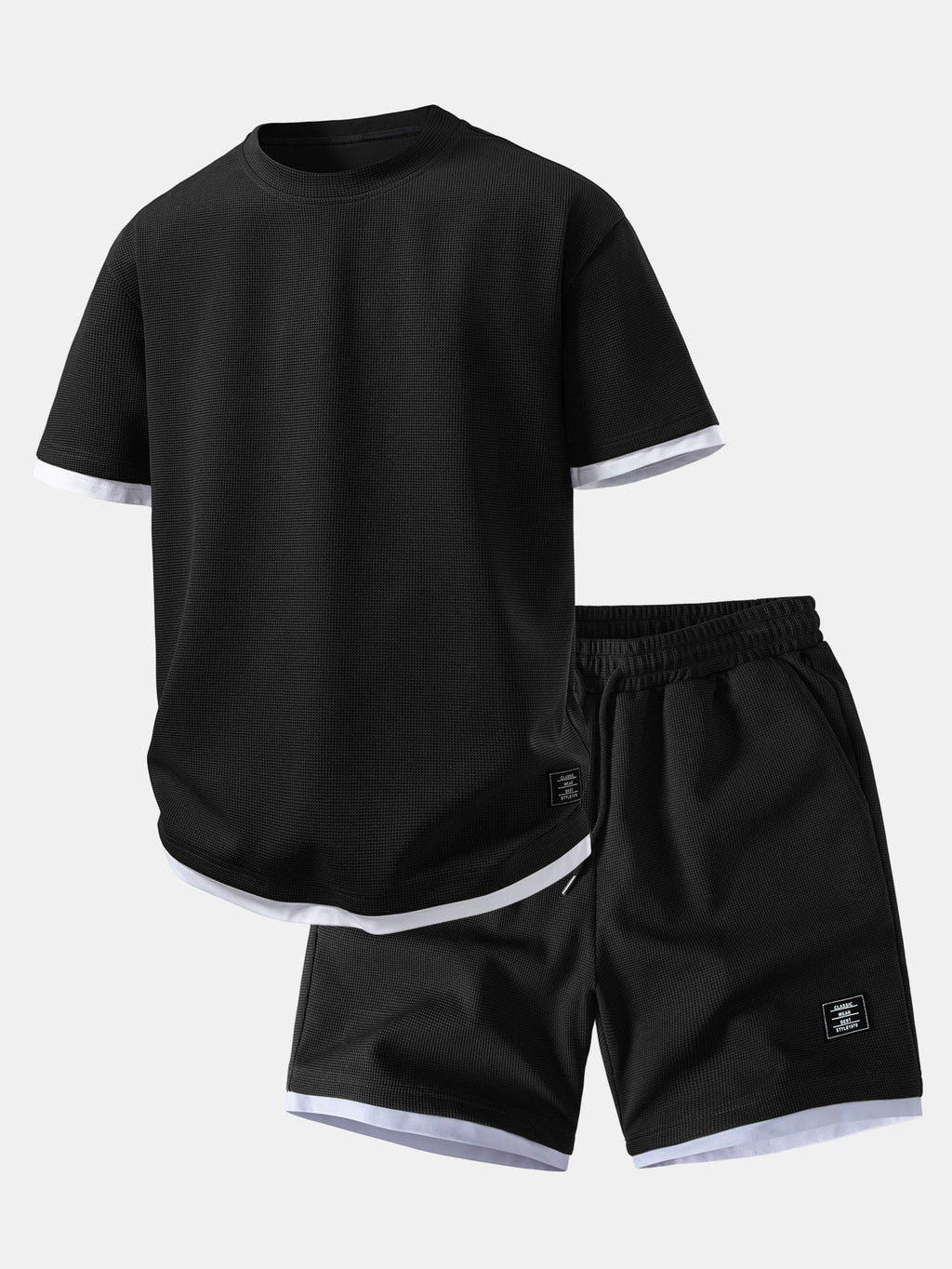 Relax Fit 2 In 1 Waffle Crew Collar T-Shirt & Waffle Drawstring 7" Shorts