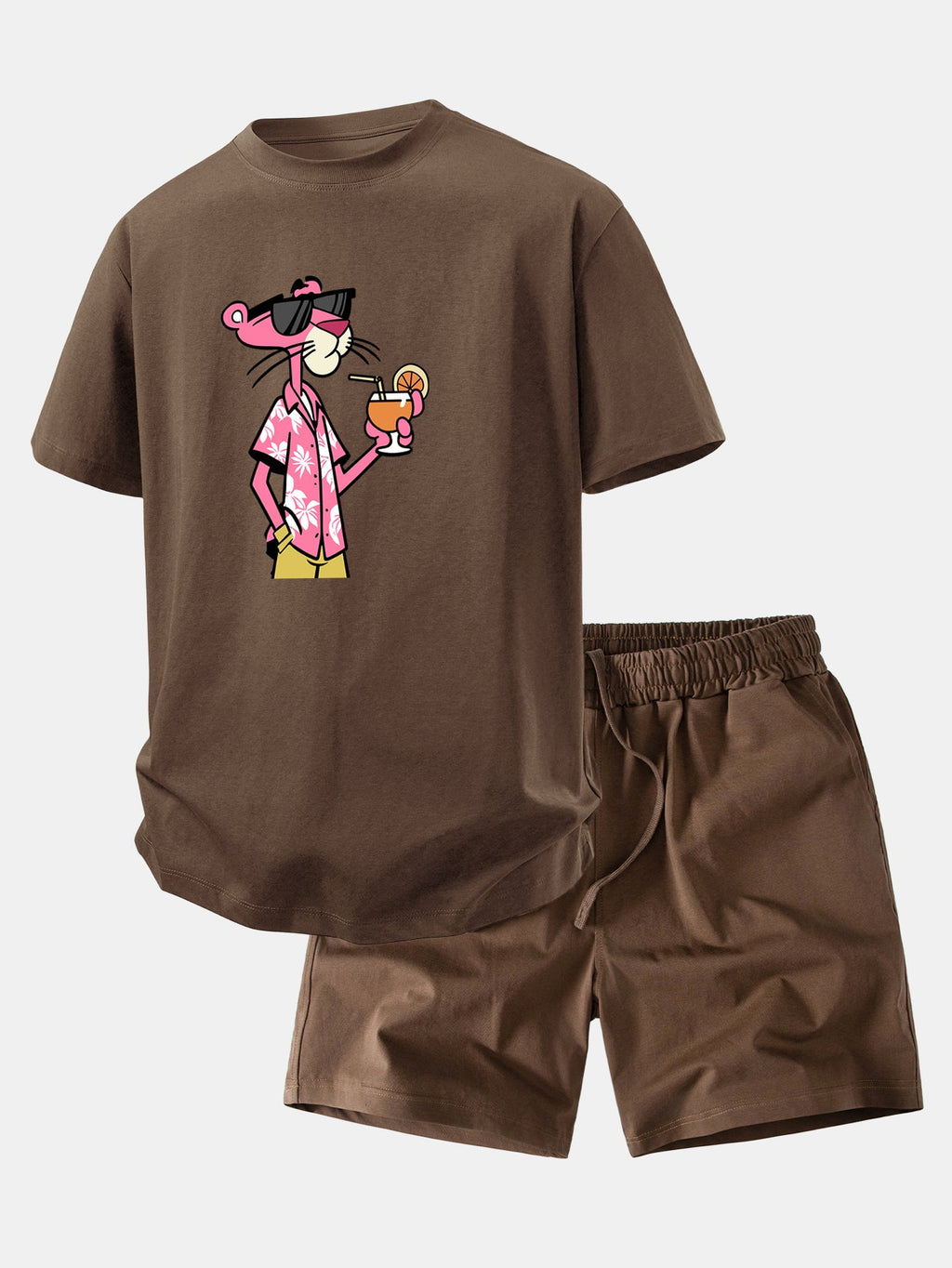 Relax Fit Vacation Pink Panther Print Crew Collar T-Shirt  & Drawstring Jersey 7" Shorts