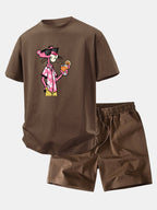 Relax Fit Vacation Pink Panther Print Crew Collar T-Shirt  & Drawstring Jersey 7" Shorts