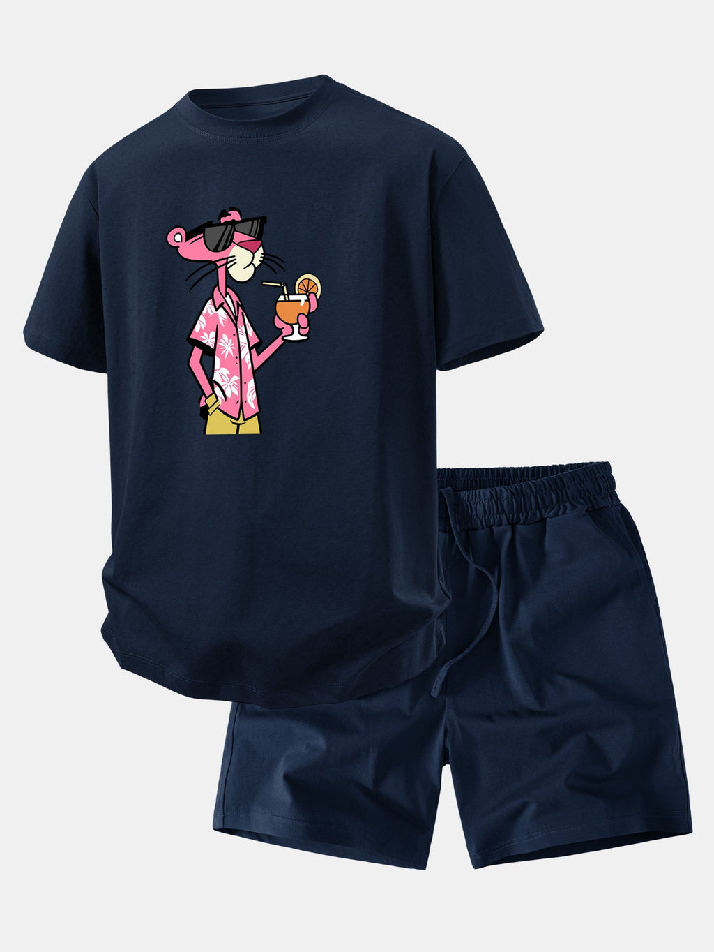 Relax Fit Vacation Pink Panther Print Crew Collar T-Shirt  & Drawstring Jersey 7" Shorts