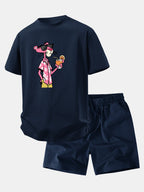 Relax Fit Vacation Pink Panther Print Crew Collar T-Shirt  & Drawstring Jersey 7" Shorts