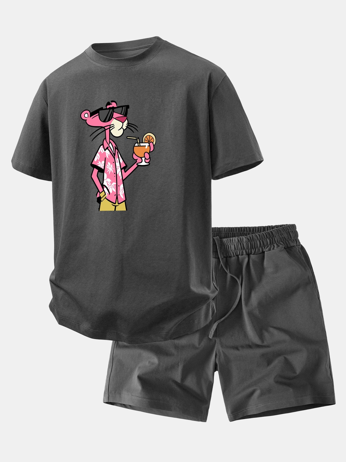 Relax Fit Vacation Pink Panther Print Crew Collar T-Shirt  & Drawstring Jersey 7" Shorts