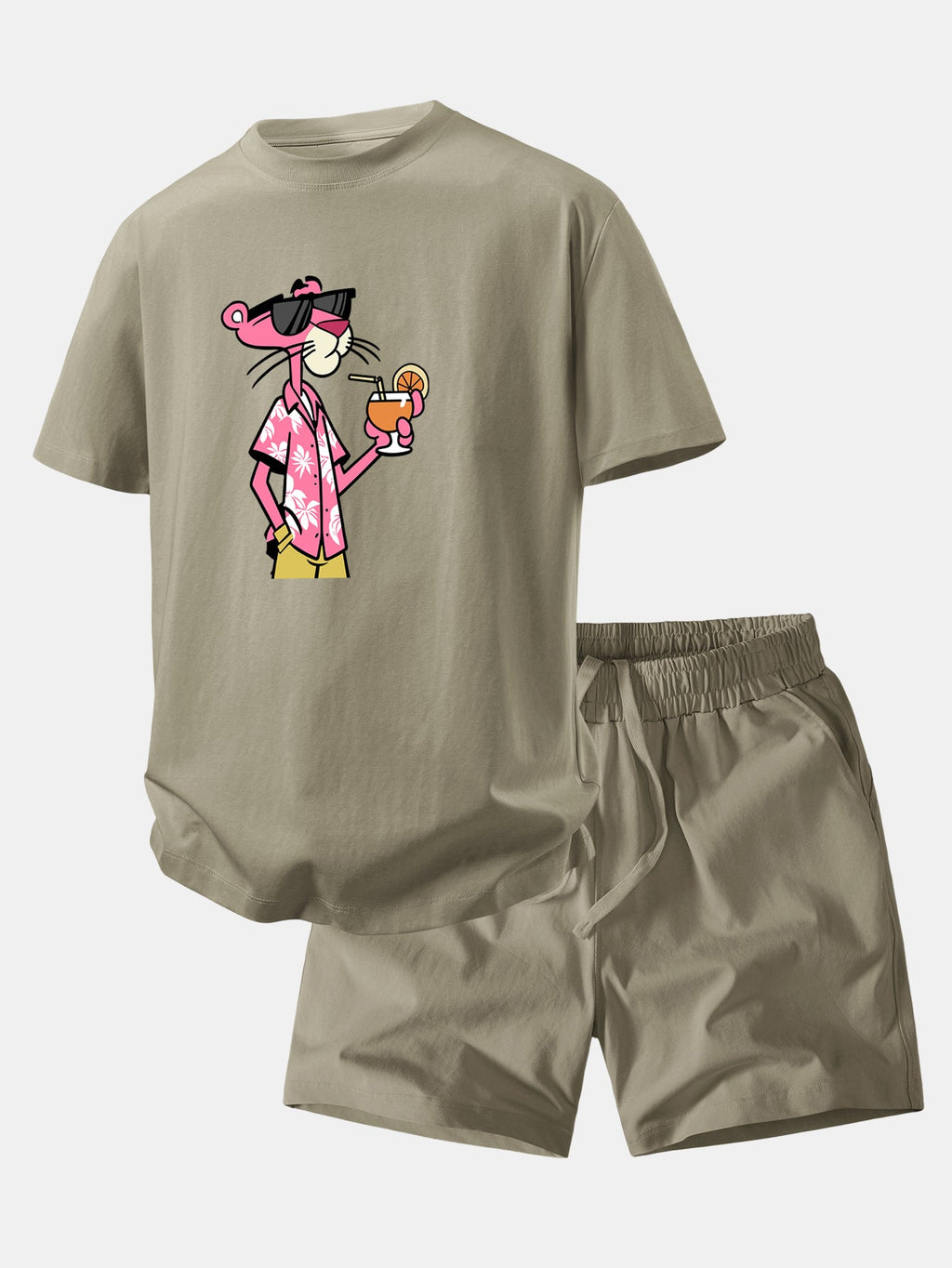 Relax Fit Vacation Pink Panther Print Crew Collar T-Shirt  & Drawstring Jersey 7" Shorts