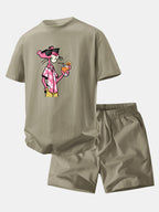 Relax Fit Vacation Pink Panther Print Crew Collar T-Shirt  & Drawstring Jersey 7" Shorts