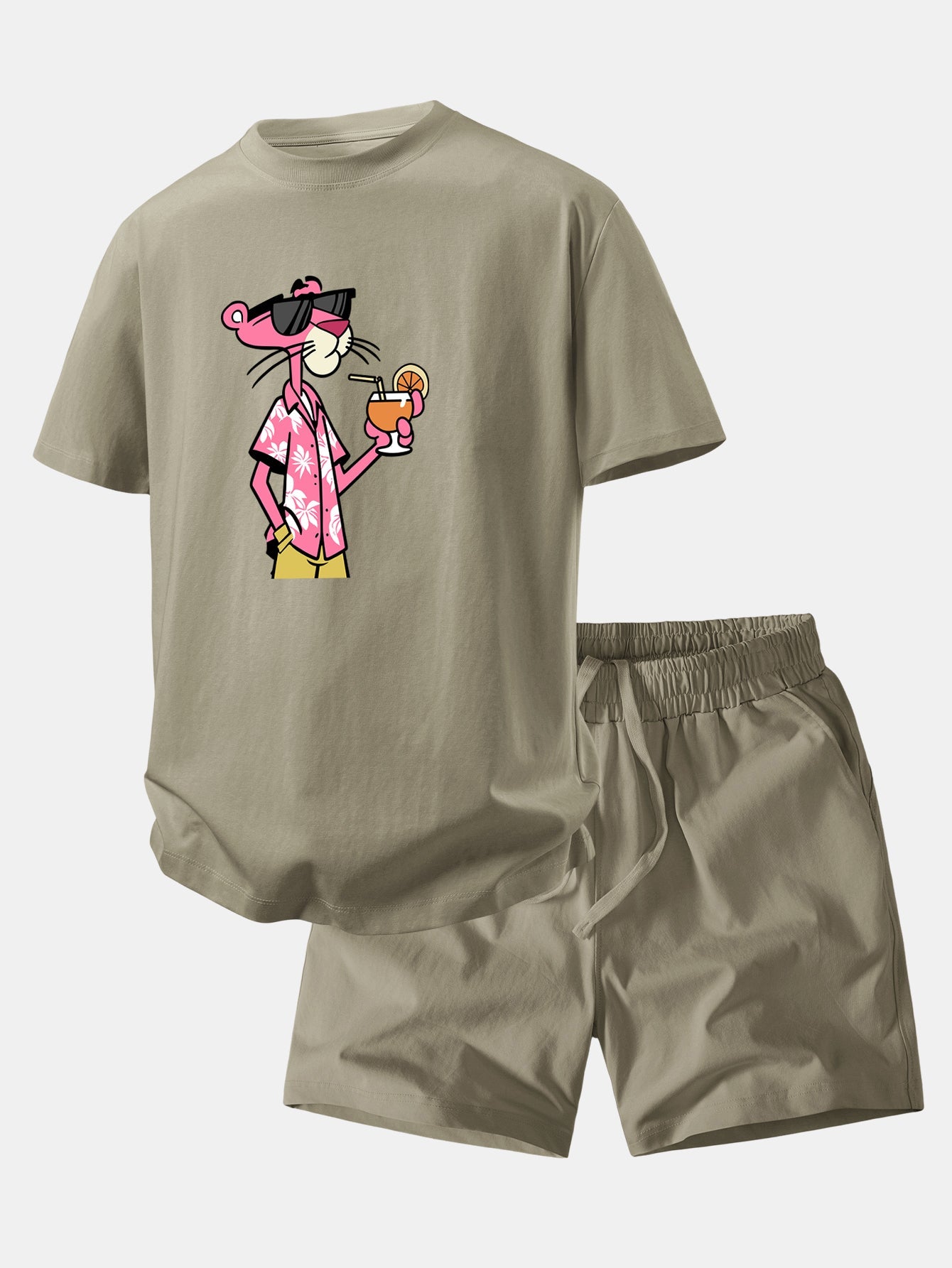 Relax Fit Vacation Pink Panther Print Crew Collar T-Shirt  & Drawstring Jersey 7" Shorts