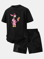Relax Fit Vacation Pink Panther Print Crew Collar T-Shirt  & Drawstring Jersey 7" Shorts