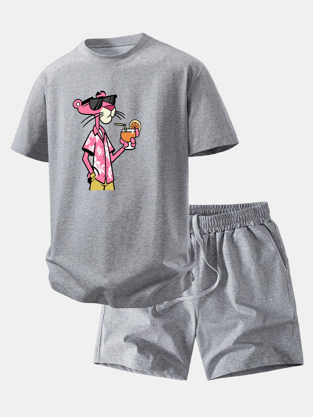Relax Fit Vacation Pink Panther Print Crew Collar T-Shirt  & Drawstring Jersey 7" Shorts