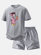 Relax Fit Vacation Pink Panther Print Crew Collar T-Shirt  & Drawstring Jersey 7" Shorts