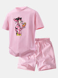 Relax Fit Vacation Pink Panther Print Crew Collar T-Shirt  & Drawstring Jersey 7" Shorts