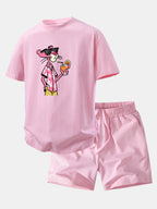 Relax Fit Vacation Pink Panther Print Crew Collar T-Shirt  & Drawstring Jersey 7" Shorts